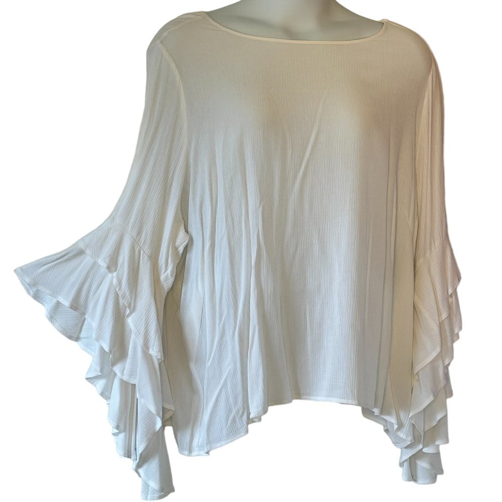 DG2 BOHO Top White Gauze Flowy Boat Neck with Long Angel Sleeves Size 3X